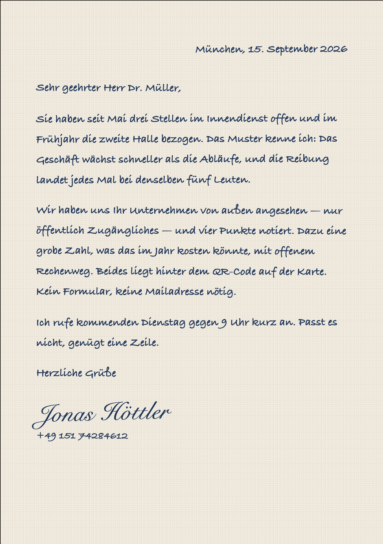 Handgeschriebener Brief auf Büttenpapier, mit Füller geschrieben und unterschrieben